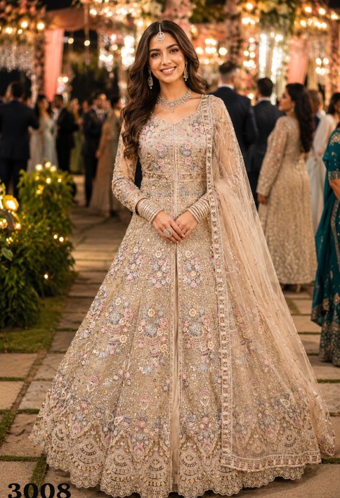 Beige Net Thread Work Lehenga Choli